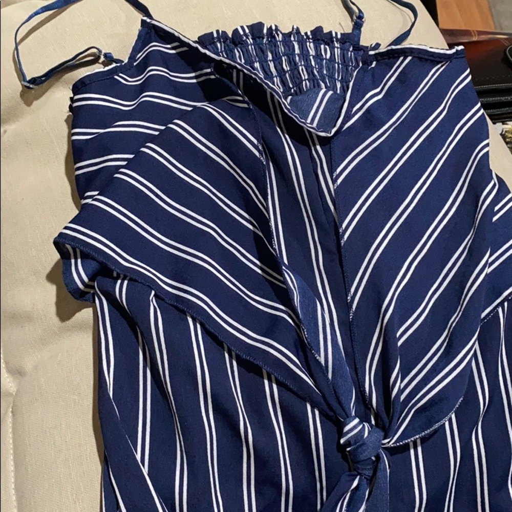 Navy and white romper pants suit